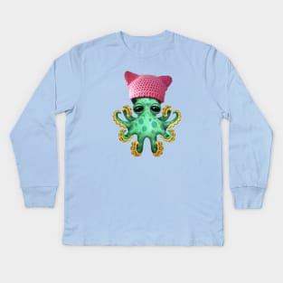 Cute Baby Octopus Wearing Pussy Hat Kids Long Sleeve T-Shirt